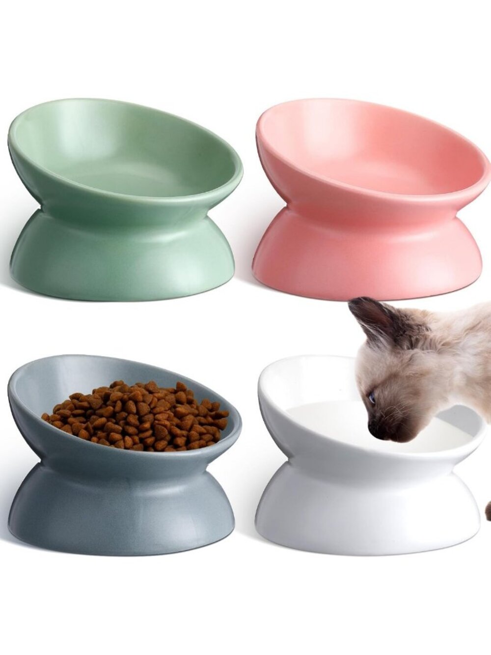 Elevated Ceramic Cat Bowls Set - 4 Pcs Anti-Vomiting Tilted Dishes for Food